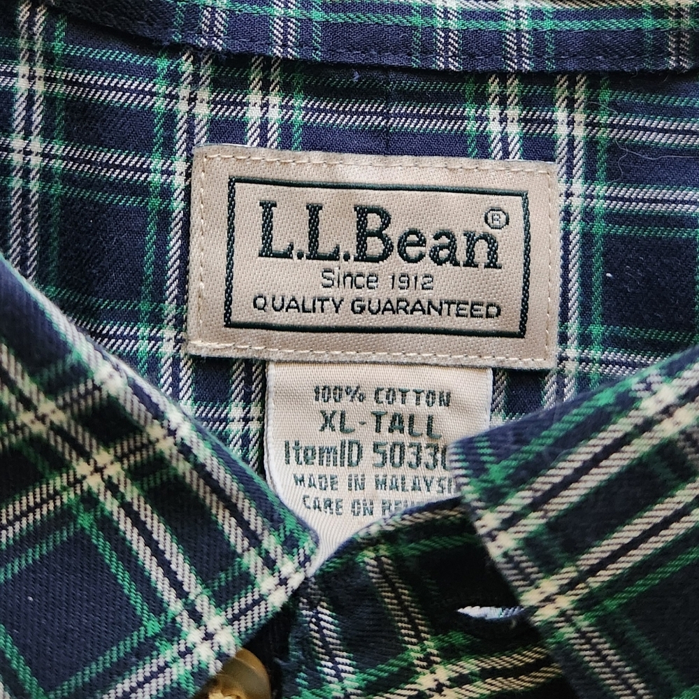 LL Bean Wrinkle Free Twill Sport Mens Navy Green plaid Button Down size XL-tall - Picture 2 of 6